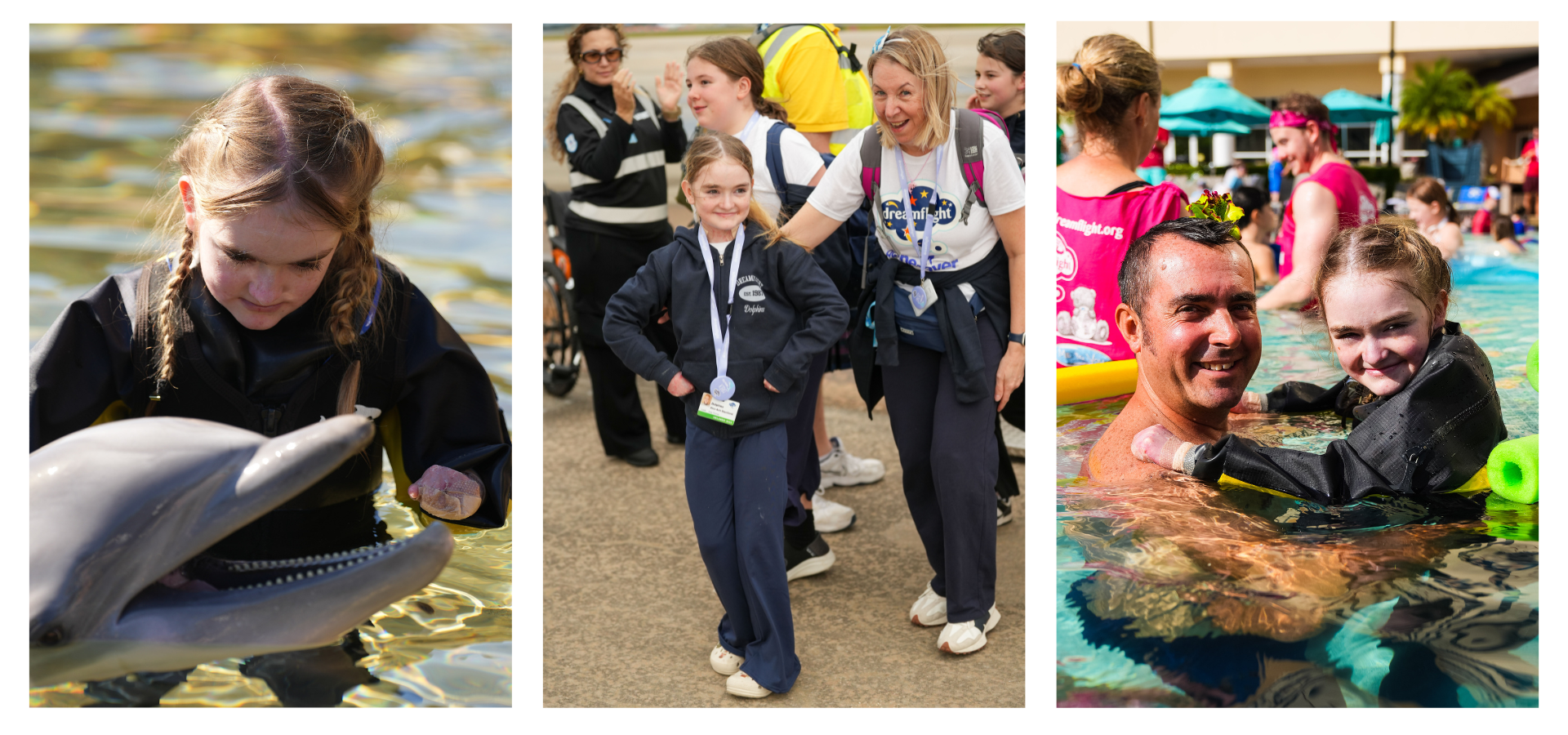 Three photos in a row - one shows Kira in the water touching a dolphin, one shows Kira standing with her hands on her hips, after getting off the plane, her is next to her looking happy, the third photo is of Kira holding onto a volunteer guide in the swimming pool wearing her dry suit